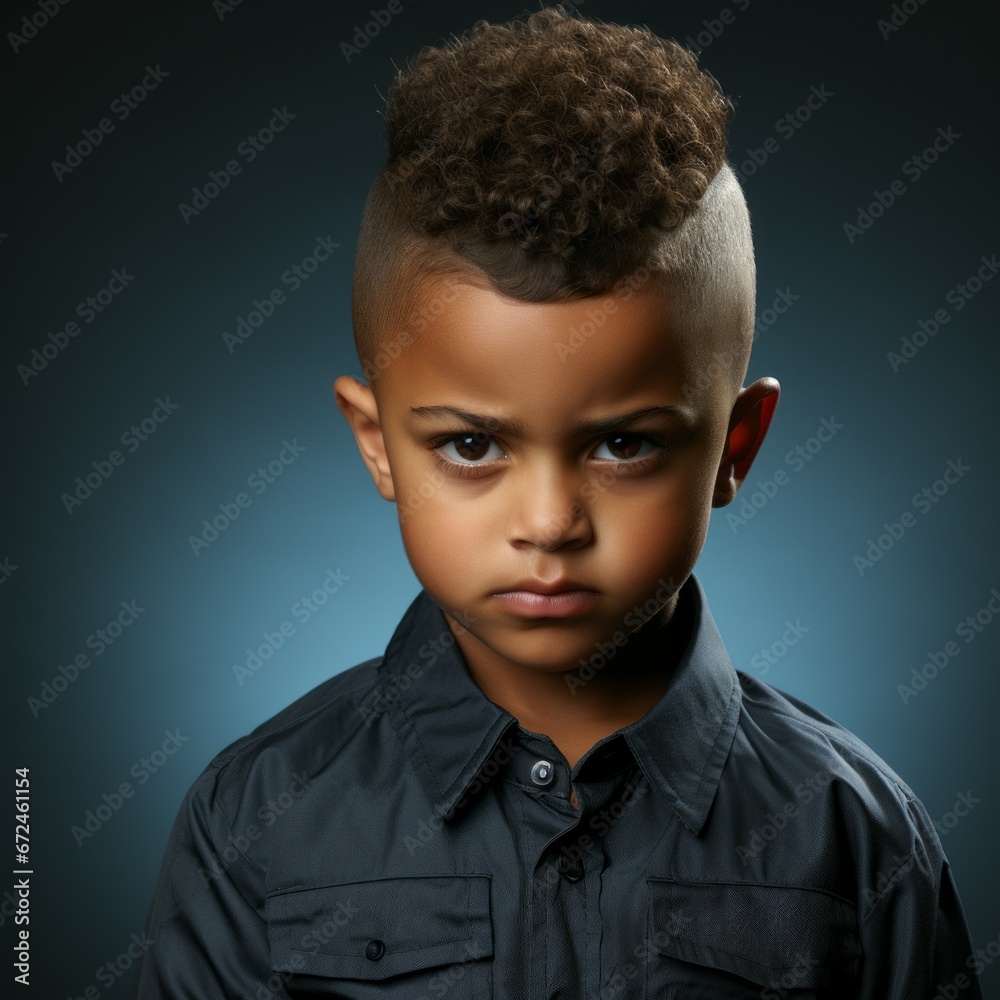 Obraz premium Portrait of an angry little Latin boy with brown hair. Closeup face of a furious Latin American child on a dark background looking at camera. Front view of an outraged irritated kid in casual clothes.