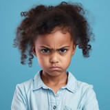 Portrait of an angry little Latin girl with curly brown hair. Closeup face of a furious Latin American child on a blue background. Unhappy black kid with no expression in blue shirt looking at camera.
