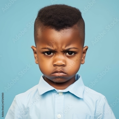 Portrait of an angry African little boy with brown hair. Closeup face of a furious African American child on a blue background looking at the camera. Front view of an outraged kid in a blue shirt.