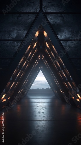 Dark empty triangular interior  neon  concrete  reflection. Generation AI