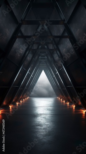 Dark empty triangular interior, neon, concrete, reflection. Generation AI