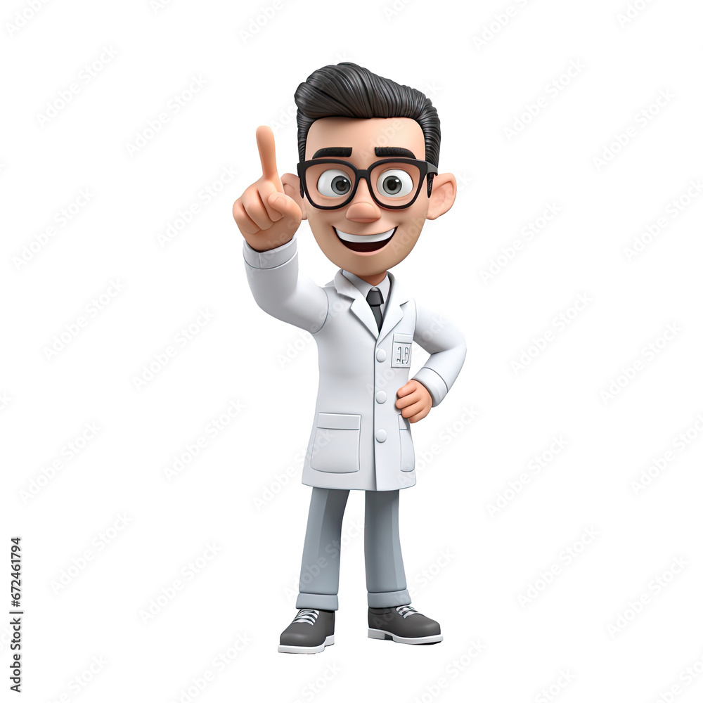 3D cartoon character of a male doctor pointing up and looking at camera 3D cartoon character of a male doctor pointing up and looking at camera