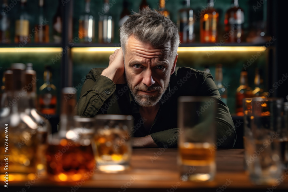 Middle aged sad depressed alcoholic man in a bar