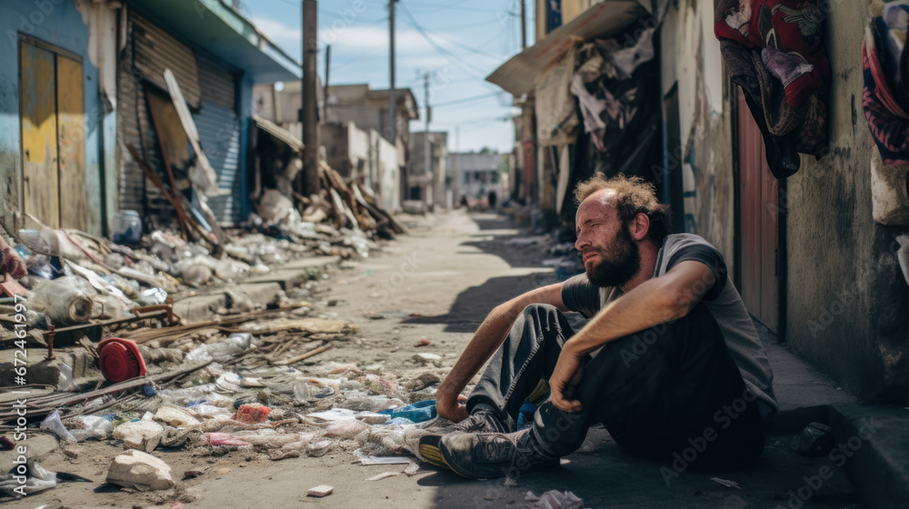 Middle aged drug addict sitting on sidewalk