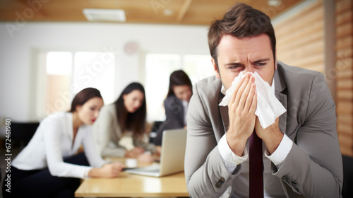 Ill man is sneezing and spreading infection in the office