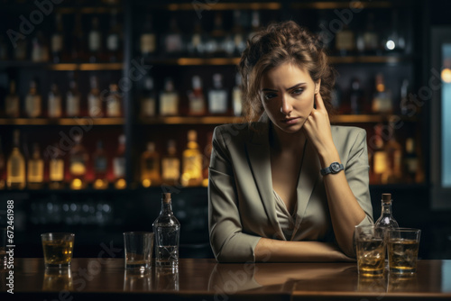 Concerned young woman drinking in a bar photo