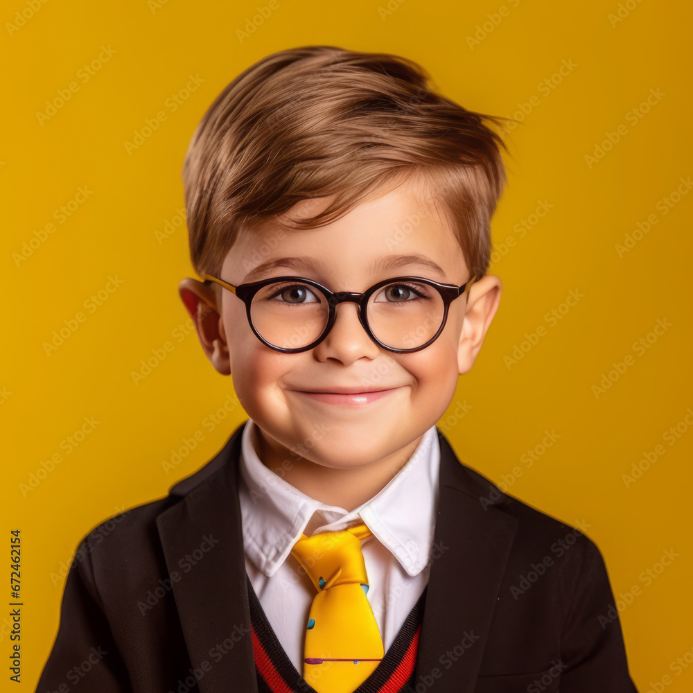 Portrait of a smiling little boy in a brown sweater on a yellow background. Closeup portrait of a happy smiling caucasian boy looking to the camera