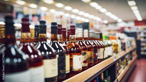 Rows of wine bottles on shelf in supermarket photo