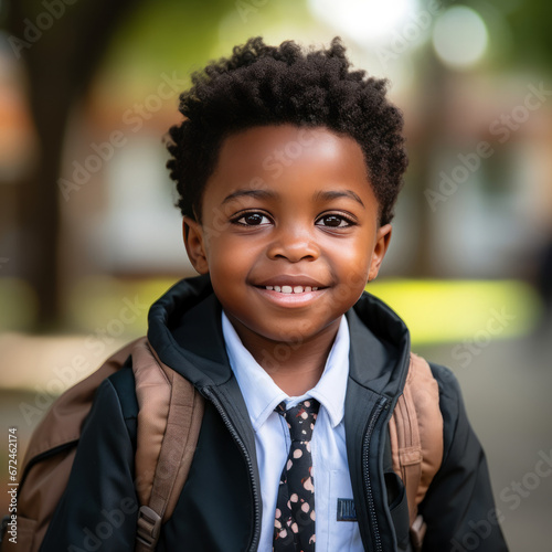  Portrait of a happy young African school child with backpack standing on a European city street and looking to the camera with a smile. Happy little african american school boy smiling in city.