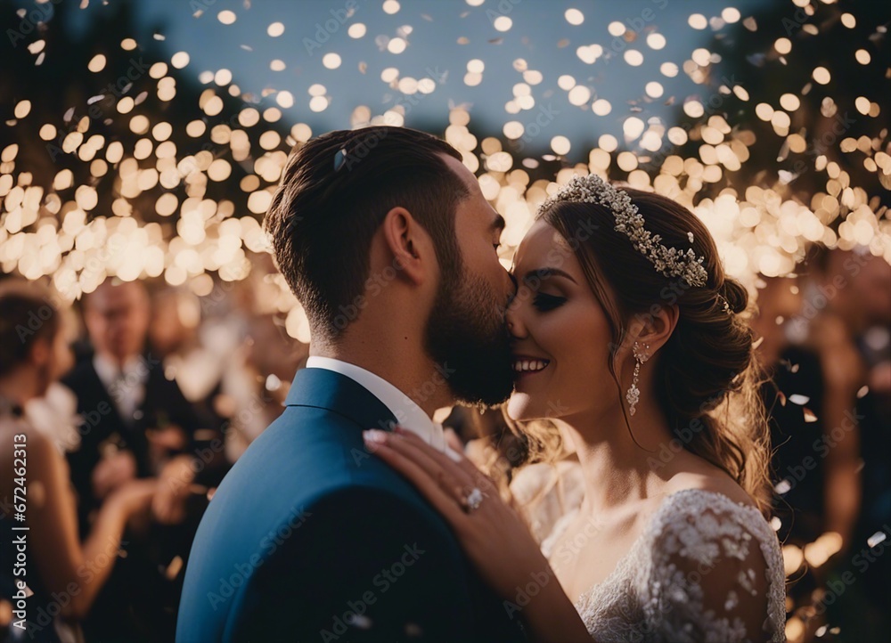 The wedding moment of the groom and bride, guests in the background, lights and confetti.
The wedding moment of the groom and bride, guests in the background, lights and confetti.