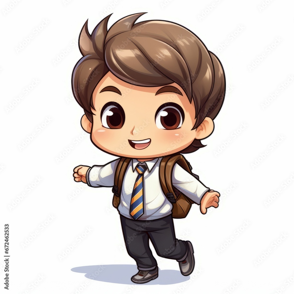 Cute happy boy going to school wearing backpack. Vector cartoon illustration. Vector illustration of joy schoolboy with backpack on blue background.
