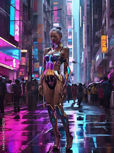 Sexy girl in metallic dress on the street.Generative Ai