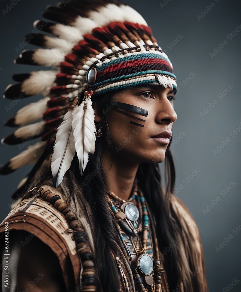 portrait of old native American, isolated grey background

