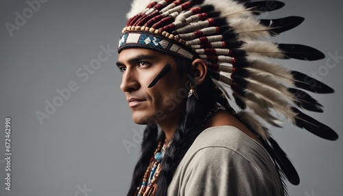 portrait of old native American, isolated grey background
 photo