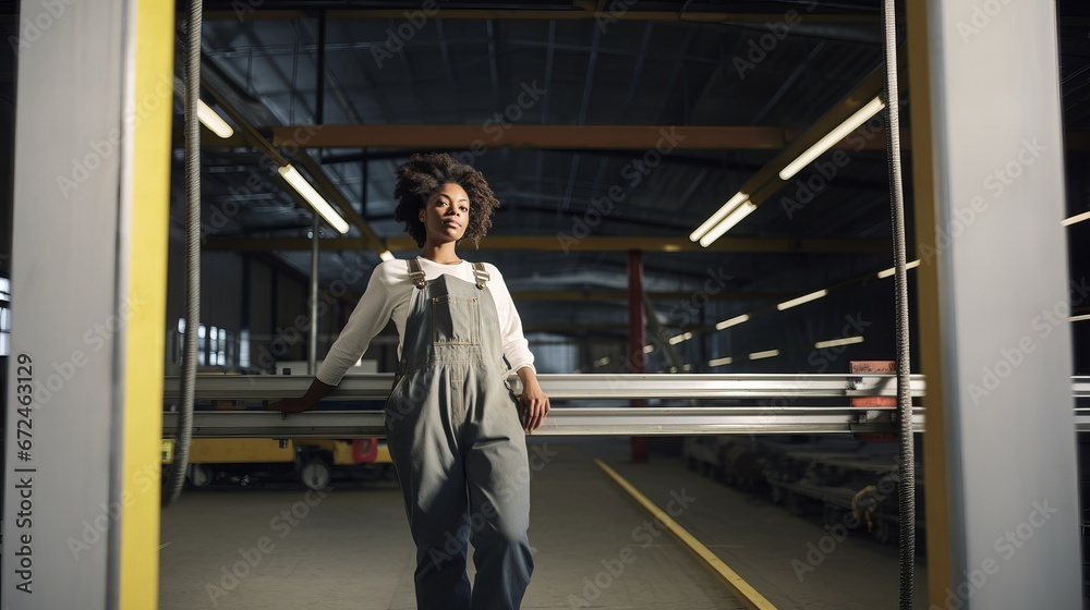 Fototapeta premium Female industrial worker. A young woman wearing workers outfit standing in front of the the warehouse, hangar, door.