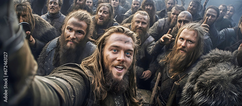 Photo group of Vikings posing for a selfie. AI generated.