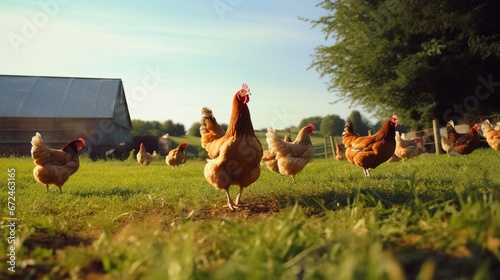 A flock of chickens in free range. Raising free range chickens has many benefits photo
