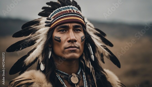 portrait of old native American, isolated background 