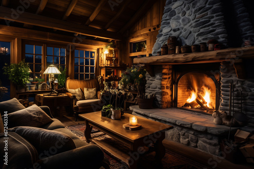 a cozy rustic home interior with fireplace © Miftakhul Khoiri