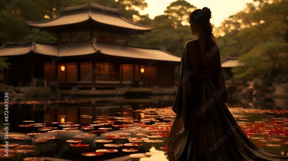 Traditional Grace: Woman in Japanese Attire at a Serene Temple Garden