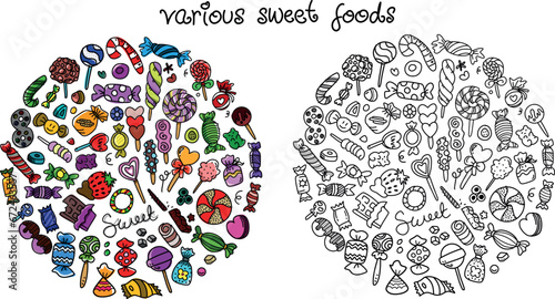 Coloring page of various candies for school children