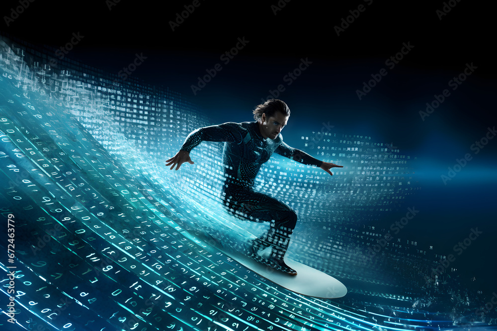 Fearless man surfing on a big blue wave of digital data, looking expert & in control. - obrazy, fototapety, plakaty 
