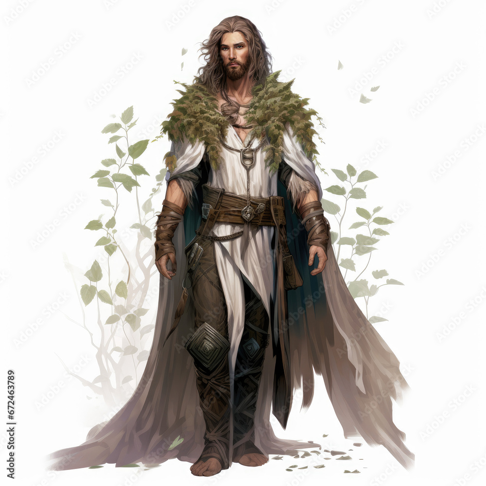 Mystical Druid in Serene Landscape.
 , Medieval Fantasy RPG Illustration
