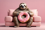 fat sloth with a donut on the sofa on pink background