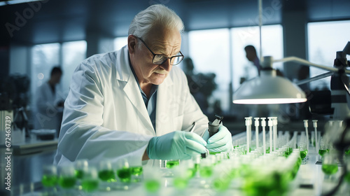 Senior biochemist looking at some green bio samples photo