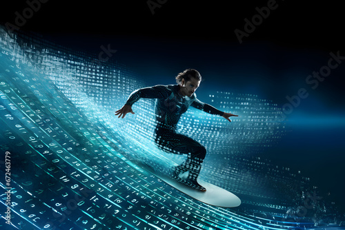 Fearless man surfing on a big blue wave of digital data, looking expert & in control.