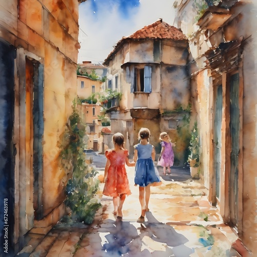 Watercolor illustration of a girlfriends walking in an old neighborhood, urban landscape sketch