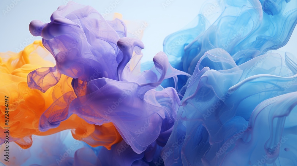 Bright blue and purple and orange smoke clouds mix together, effects. Abstract colorful smoke background concept. Illustration beautiful multicolored cloud splashes. 3D rendering. AI generated. .