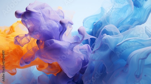 Bright blue and purple and orange smoke clouds mix together, effects. Abstract colorful smoke background concept. Illustration beautiful multicolored cloud splashes. 3D rendering. AI generated. .