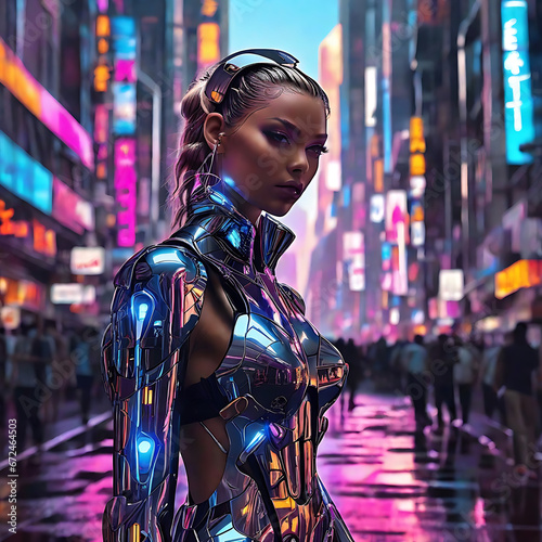 Sexy girl in metallic dress on the street.Generative Ai