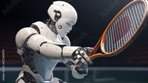 Humanoid robot playing tennis. AI sport. photo