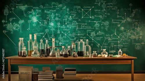 Green chalk blackboard, inside a chemistry laboratory room with several lab test glass beakers