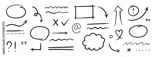 Hand drawn sketch style arrow, oval and rectangle frame, underline on blackboard. Doodle grunge element set. Vector illustration.