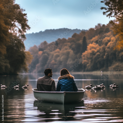 A couple in love in a boat on the lake during the autumn magic