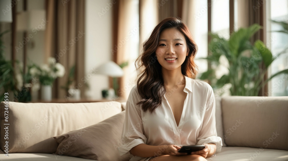 Smiling young Asian freelancer working on her tablet in the comfort of her home, looking at camera, space for text Smiling young Asian freelancer working on her tablet in the comfort of her home, looking at camera, space for text