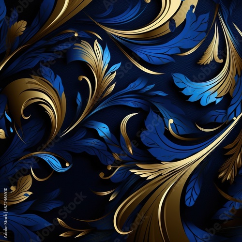  3d royal blue background with gold leaf relief. Golden filigree border, arabesque. Classic luxury antique damask motif, royal Victorian. Exquisite floral baroque. Imperial decoration