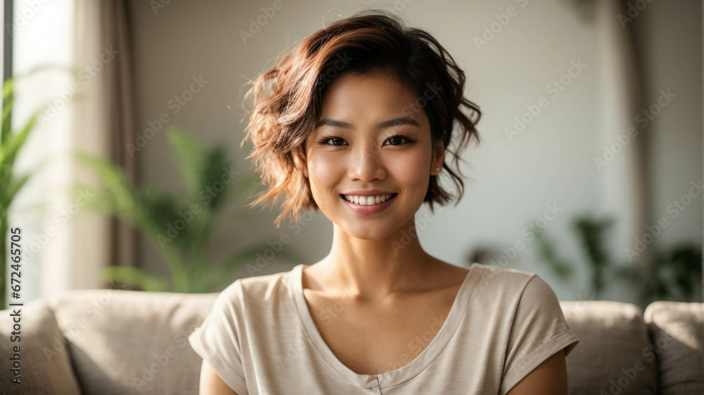 Happy asian woman relaxing on sofa at home, portrait of smiling girl enjoying looking at camera on sofa, healthy lifestyle, space for text Happy asian woman relaxing on sofa at home, portrait of smiling girl enjoying looking at camera on sofa, healthy lifestyle, space for text