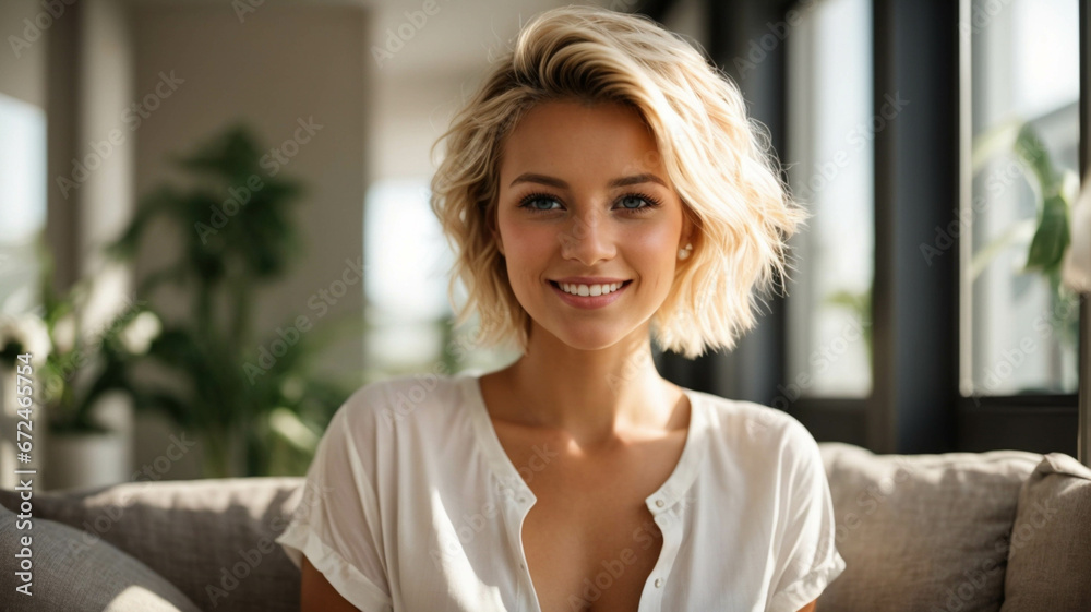 Happy Caucasian woman relaxing on sofa at home, portrait of smiling girl enjoying looking at camera on sofa, Healthy lifestyle, good vibes people and new home concept