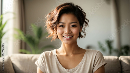 Happy asian woman relaxing on sofa at home, portrait of smiling girl enjoying looking at camera on sofa, healthy lifestyle, space for text