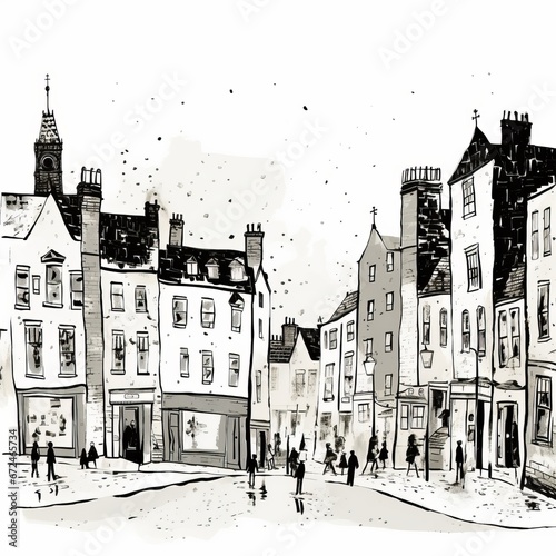 a drawing of a street with buildings