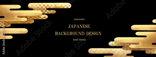 金箔, 和柄, ベクター, 雲, 年賀状, 背景, フレーム, 水彩, イラスト, ビジネス, 金色, 金, ゴールド, 日本, 和, 和風, お正月, 正月, 市松, 麻の葉