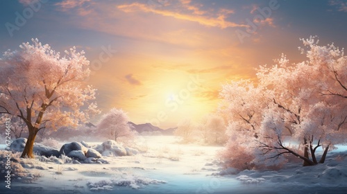 Sunset Behind Snow-Clad Trees and Mountains, Creating a Breathtaking Winter Evening Scene