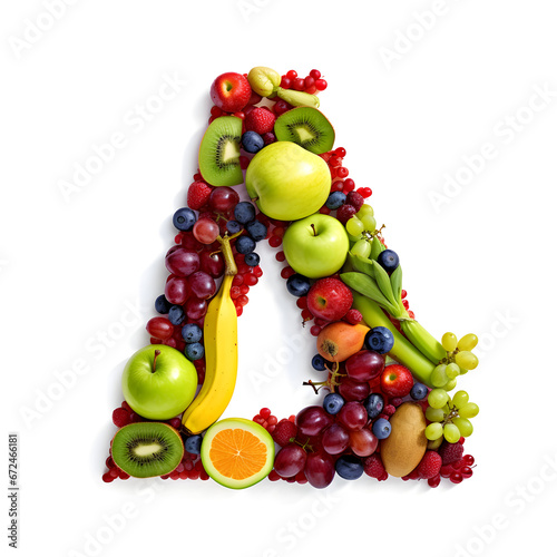 Single letter A made of real random fruits