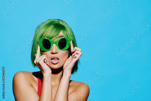 Fashion woman trendy sunglasses background smile wig portrait beauty