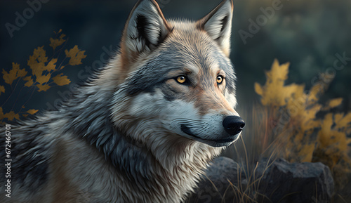 A photorealistic portrait of a wolf with a focus on a dangerous look