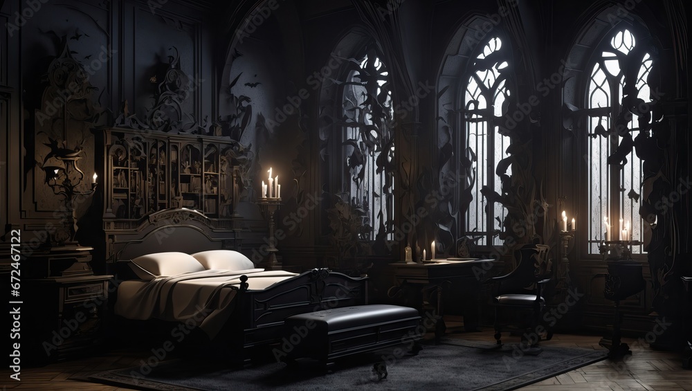 Dark gothic bedroom - obrazy, fototapety, plakaty 
